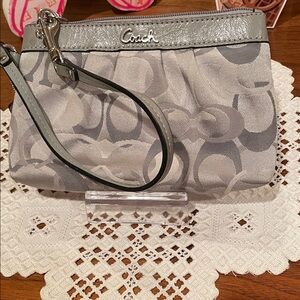 Coach Silver Gray Signature Wristlet with Metallic Trim